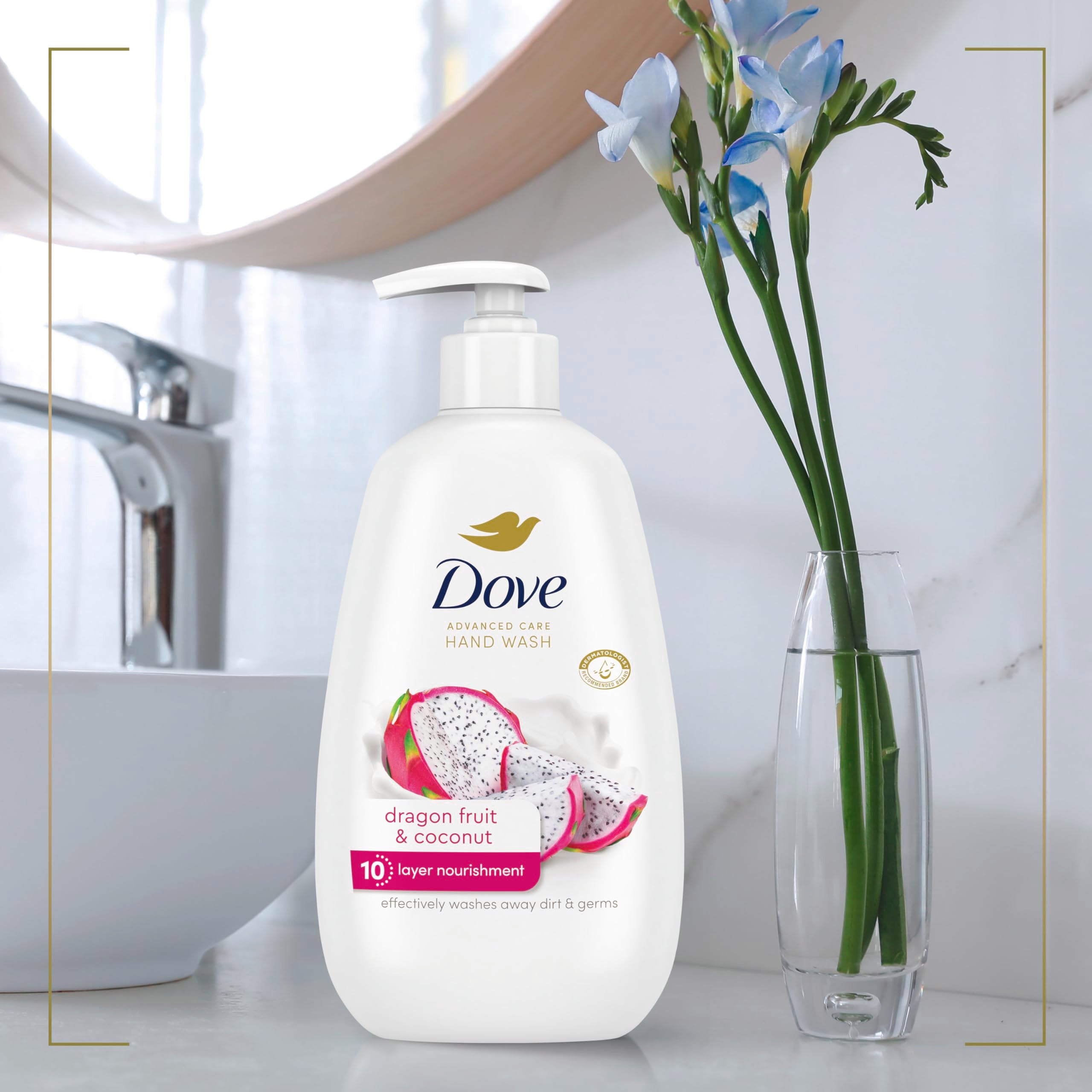 Dove Advanced Care hand wash bottle highlights sulfate- and paraben-free formula.
