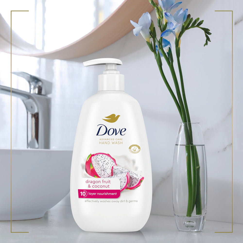 Dove Advanced Care hand wash bottle highlights sulfate- and paraben-free formula.