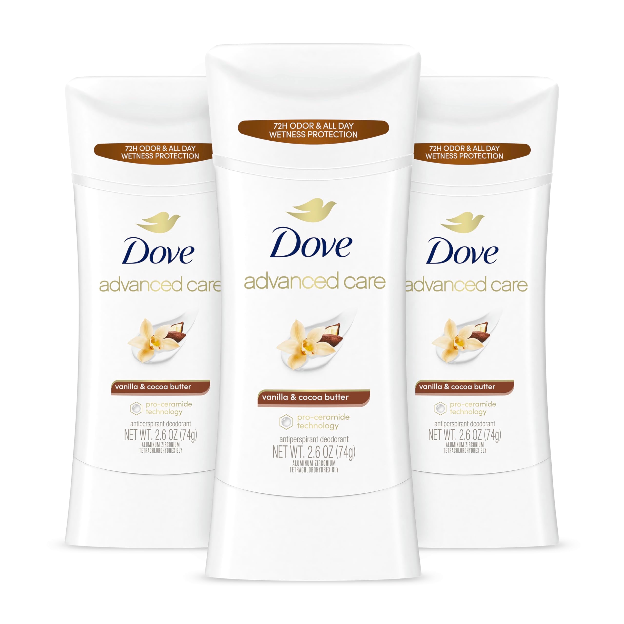 Dove Advanced Care Vanilla and Cocoa Butter stick applied for smooth, soft underarms