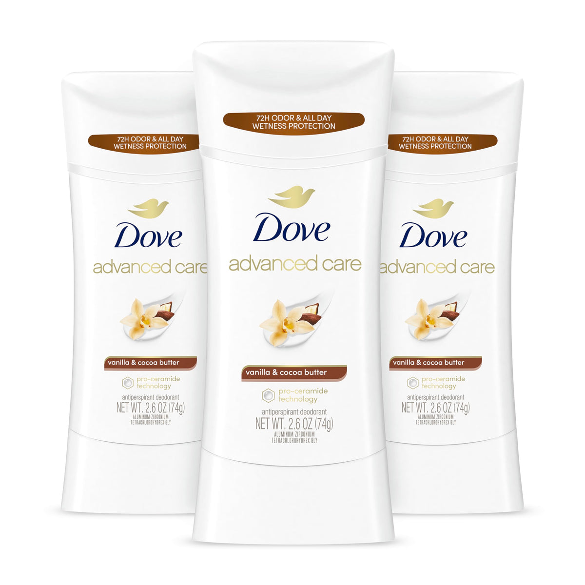 Dove Advanced Care Vanilla and Cocoa Butter stick applied for smooth, soft underarms