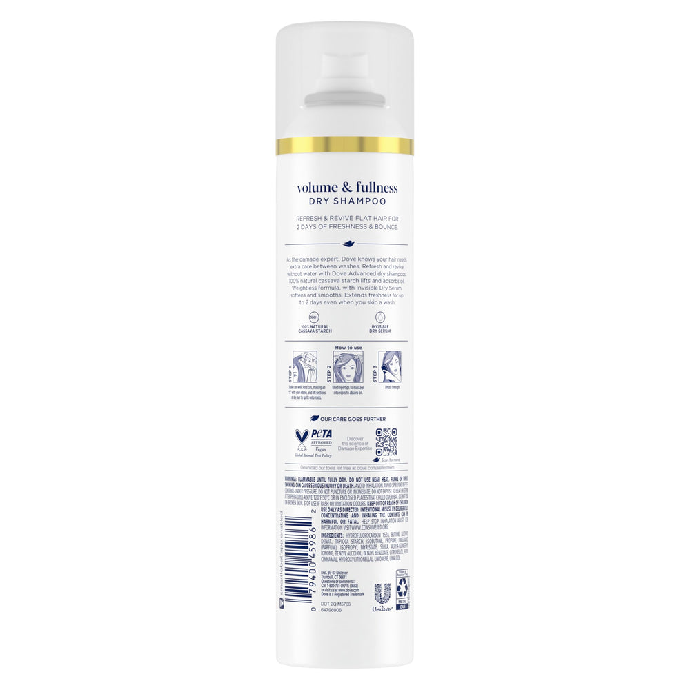 Dove Advanced Dry Shampoo cassava starch lifts hair and controls oil with invisible serum.