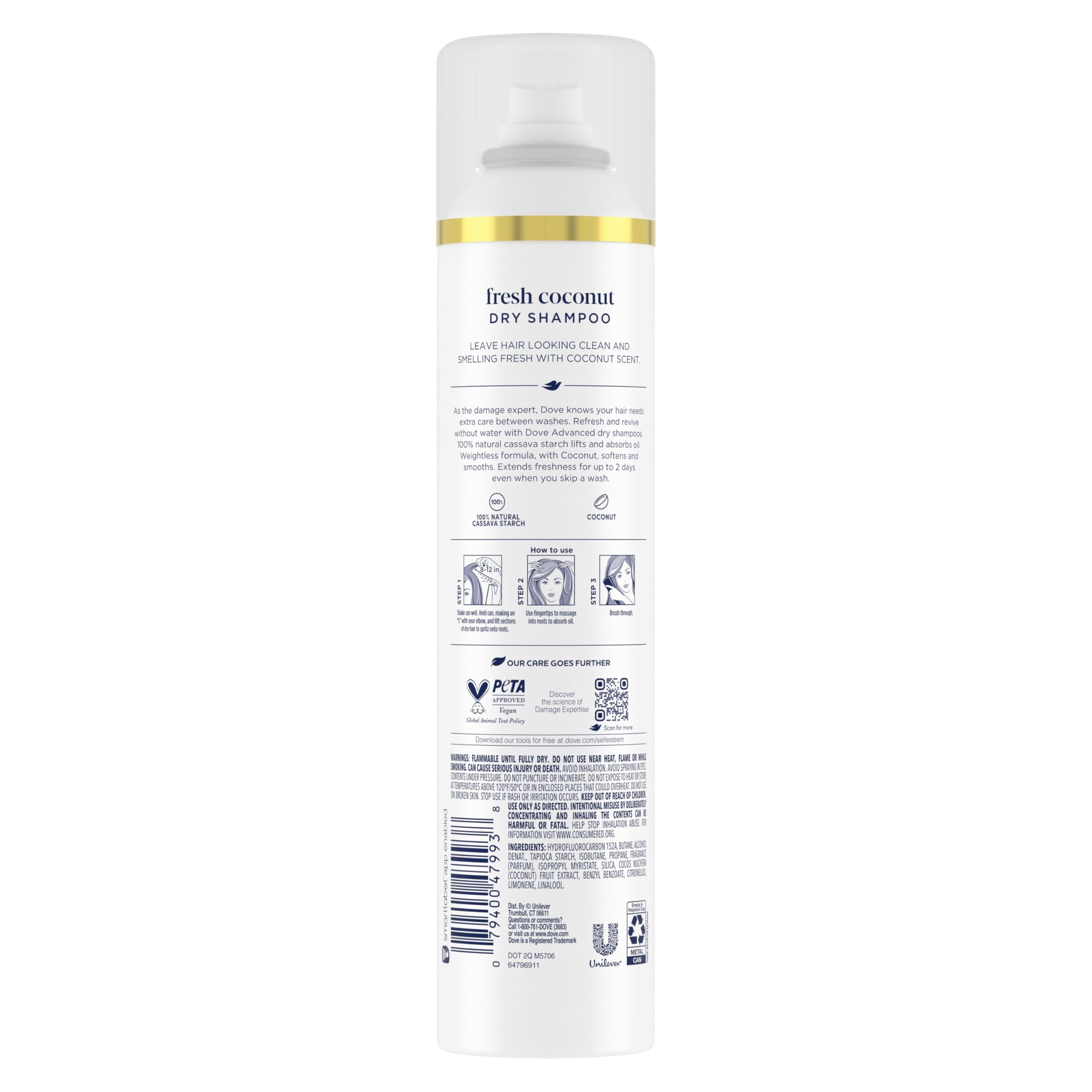 Dove Advanced Dry Shampoo Fresh Coconut spray nozzle delivering coconut scent.