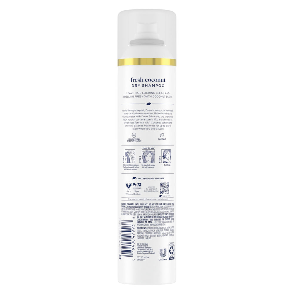 Dove Advanced Dry Shampoo Fresh Coconut spray nozzle delivering coconut scent.