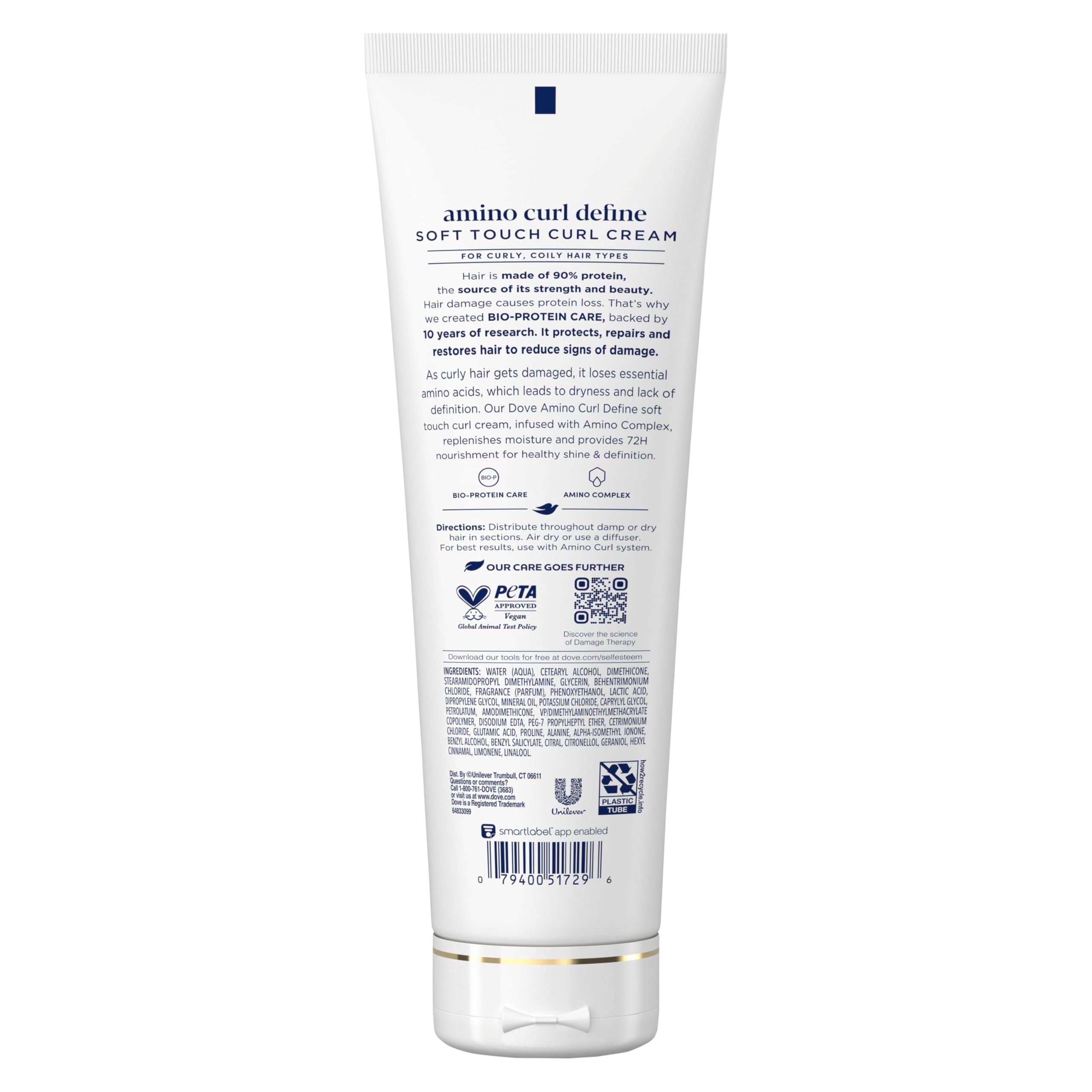 Dove Amino Curl Define Cream texture close-up highlighting smooth formula.