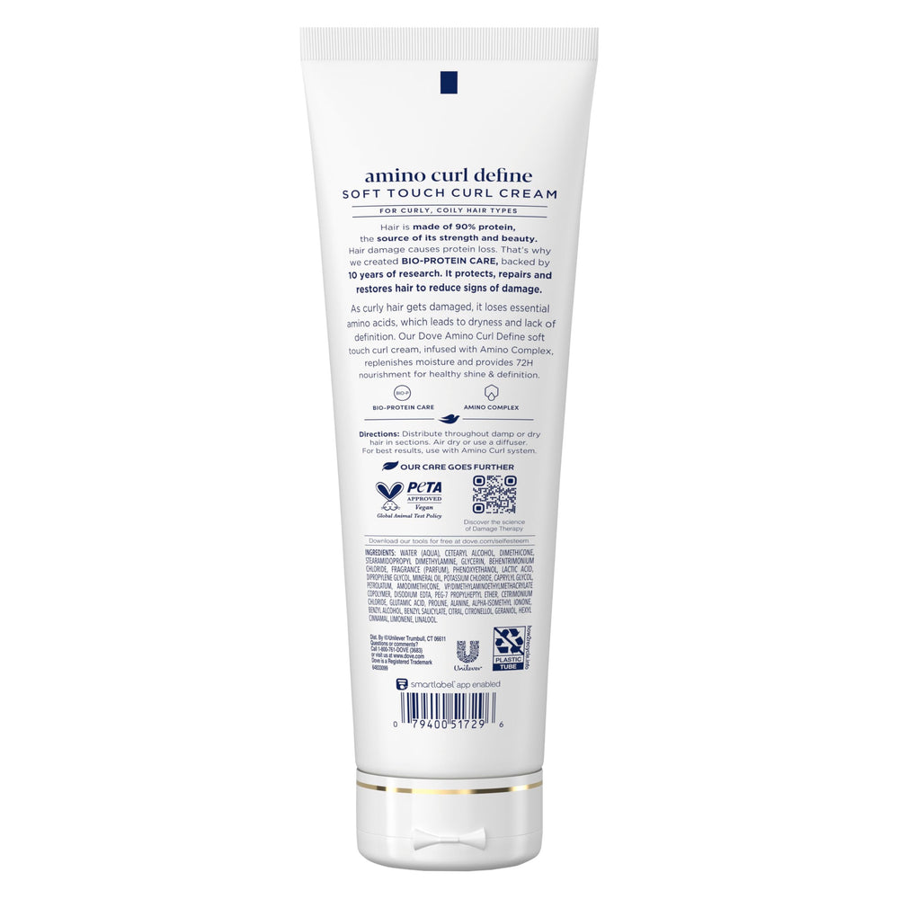 Dove Amino Curl Define Cream texture close-up highlighting smooth formula.