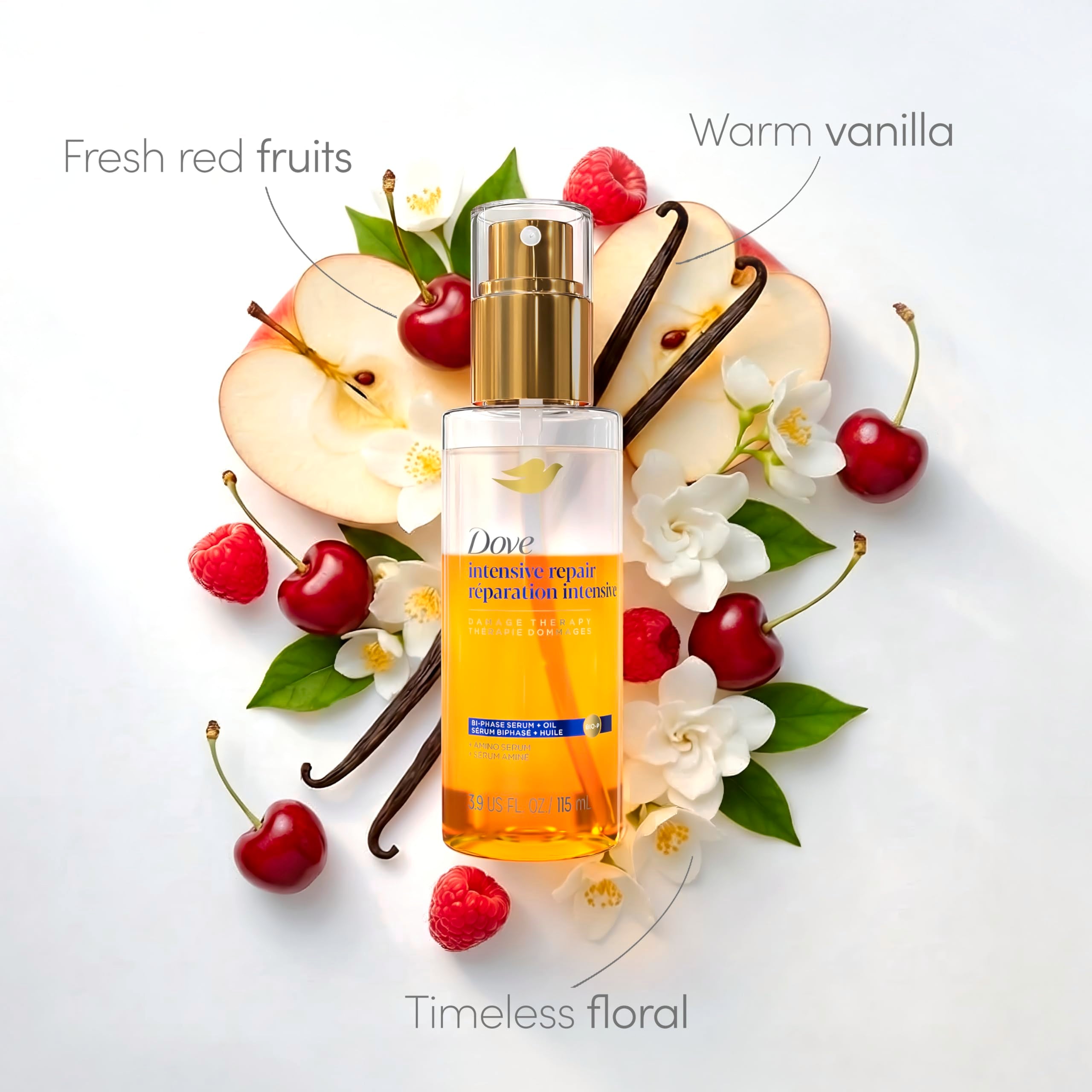 Dove Amino Serum dots on hair illustrate micro-oil delivery.