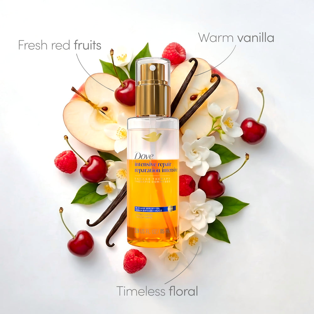 Dove Amino Serum dots on hair illustrate micro-oil delivery.