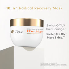 Dove Bio-Protein Care formula visual highlights internal UV damage repair potential.