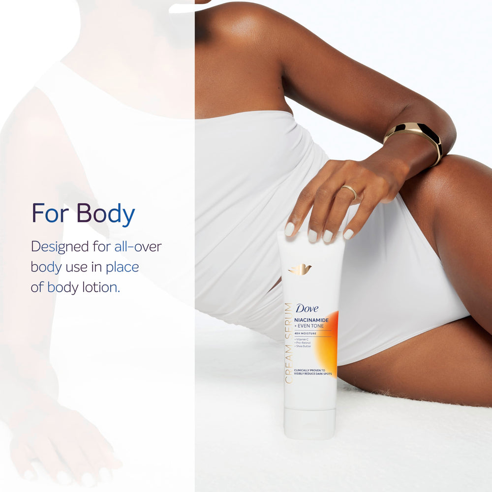 Dove Body Serum texture closeup shows velvety, non-greasy feel on skin.