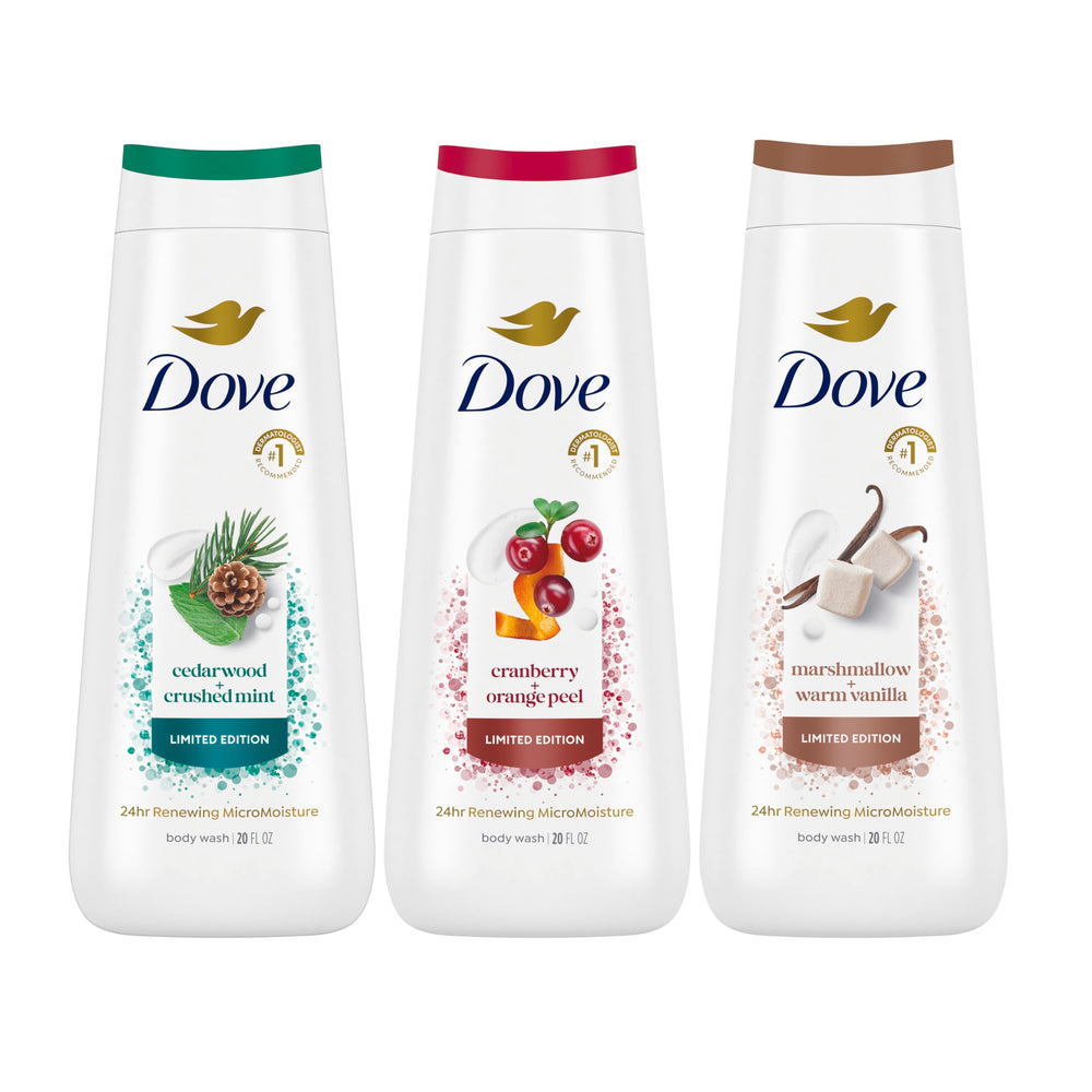 Dove Body Wash 3-Count Mixed Pack shown on shelf for renewed skin cleansing