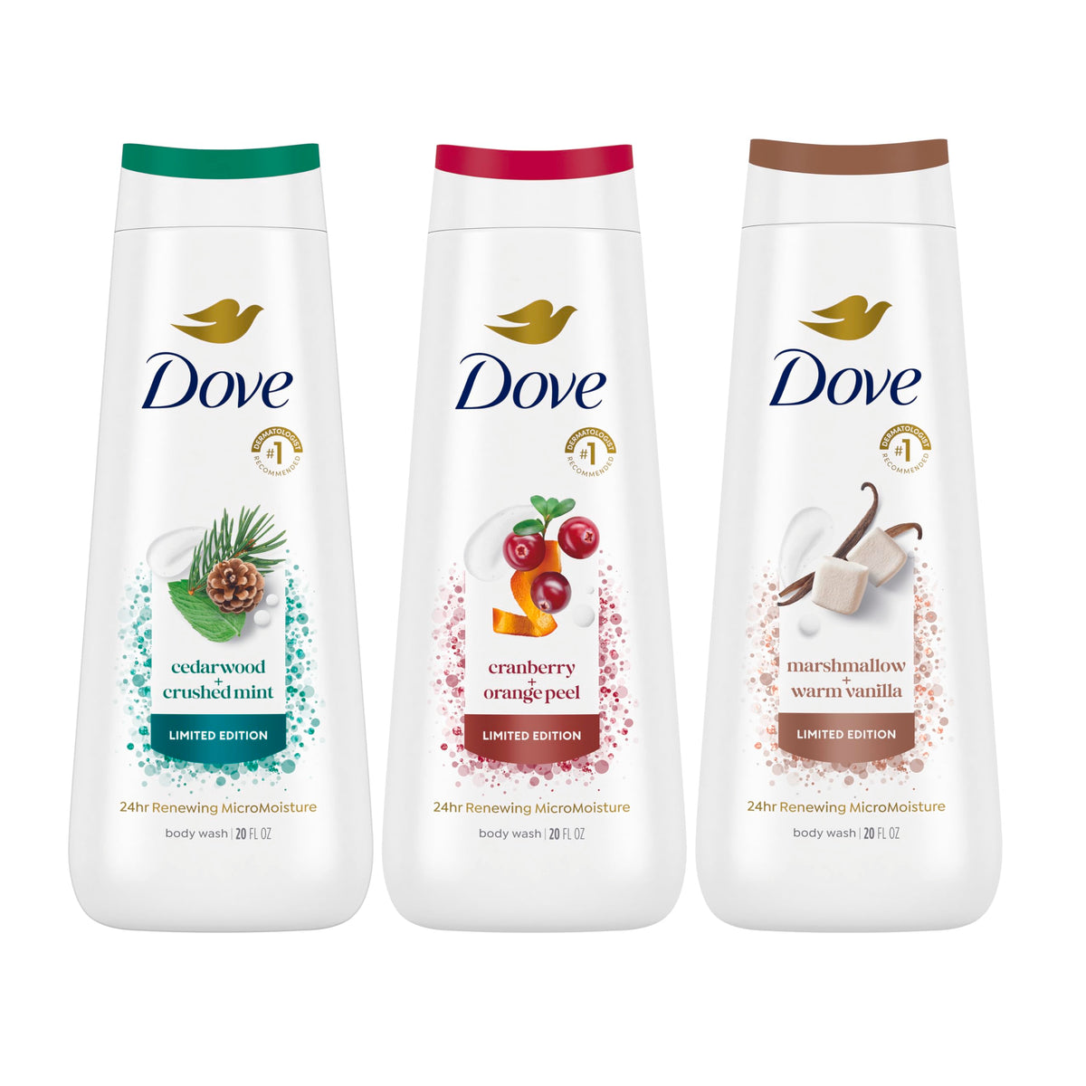 Dove Body Wash 3-Count Mixed Pack shown on shelf for renewed skin cleansing