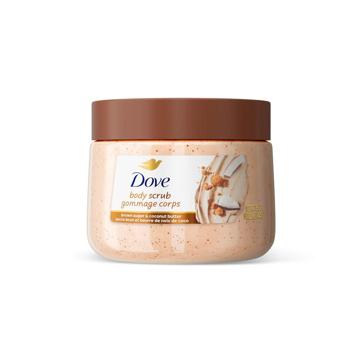 Dove Brown Sugar Coconut Butter Scrub jar showing creamy texture for nourished skin