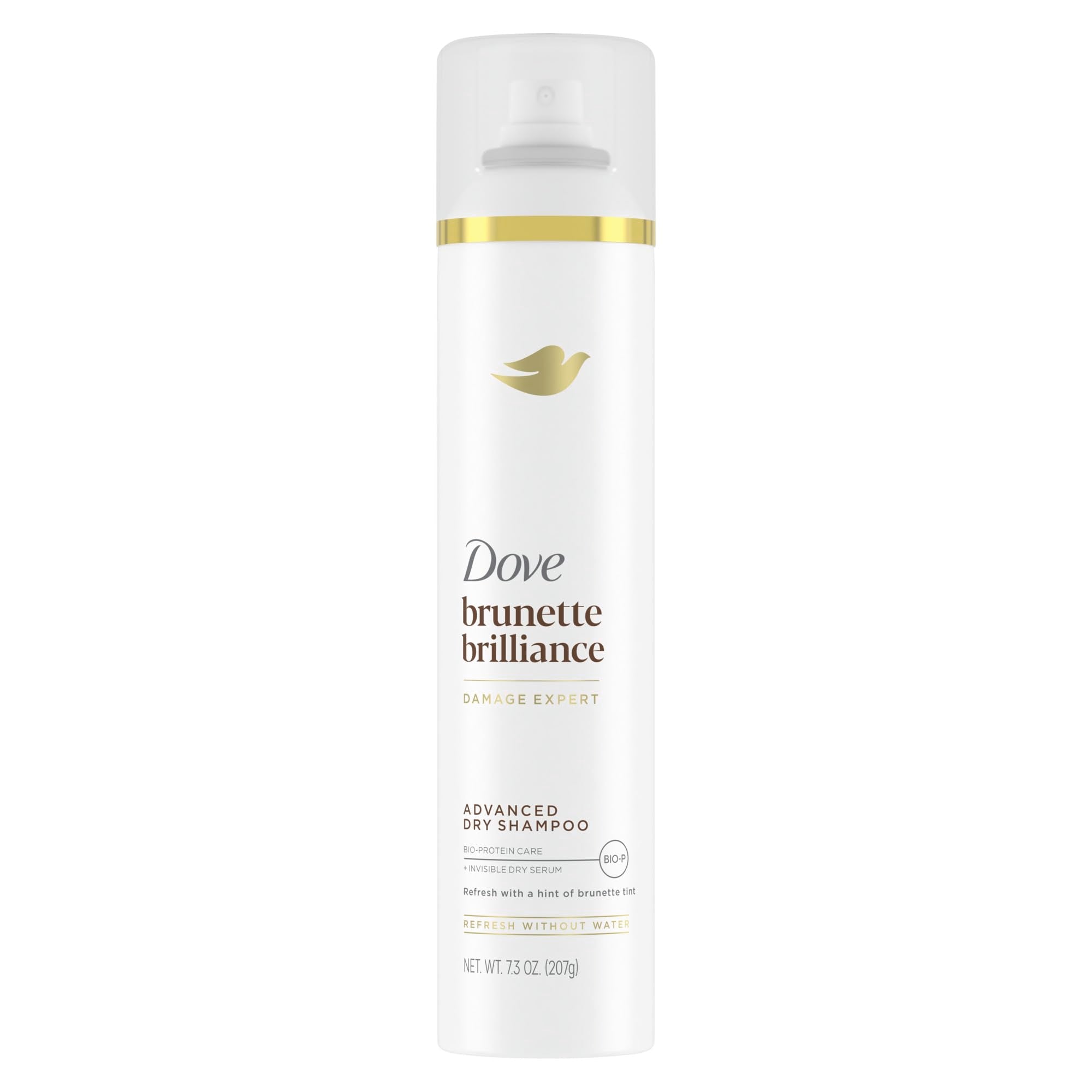 Dove Brunette Brillance dry shampoo bottle pour absorbs oil for quick refresh.