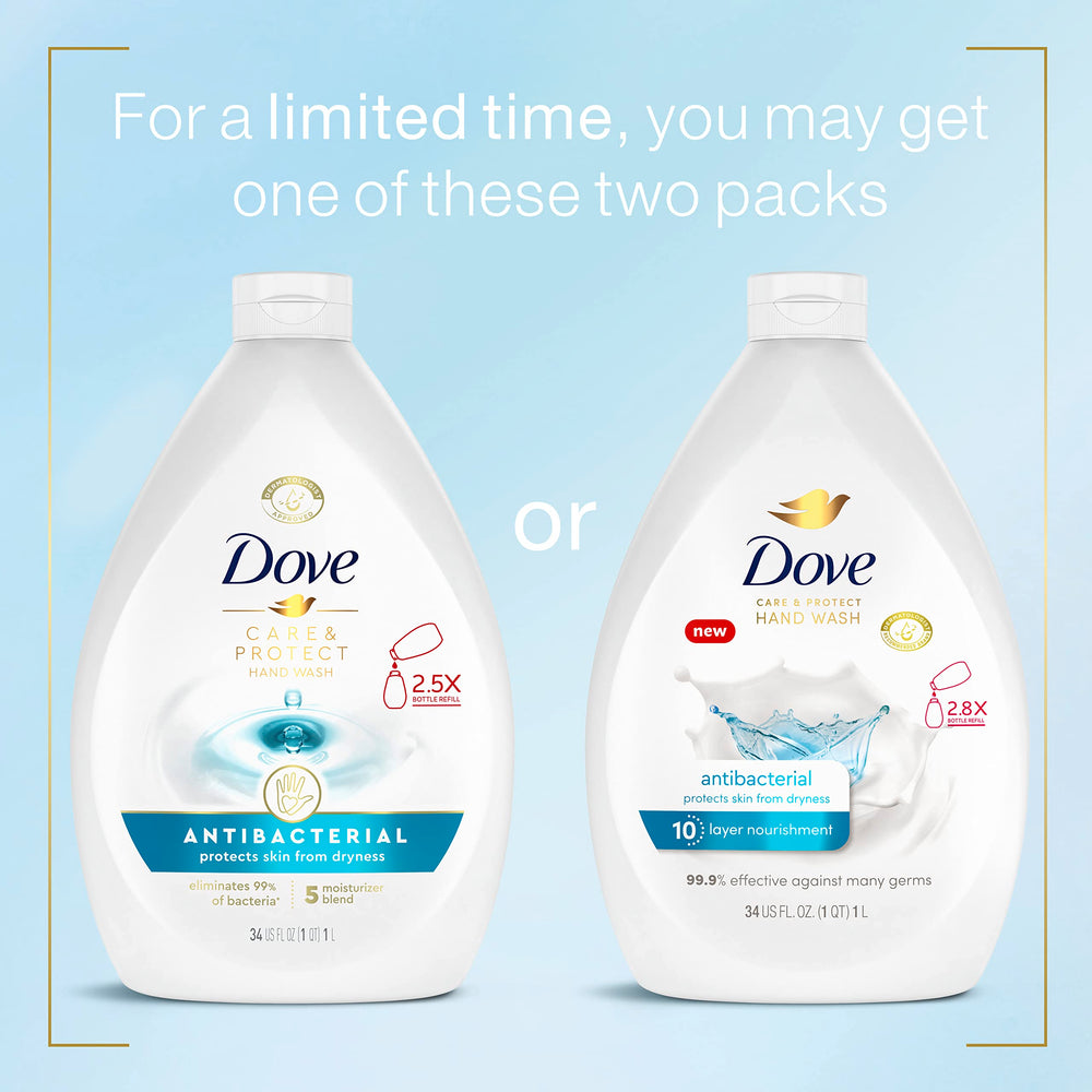 Dove Care & Protect antibacterial hand wash packaging box highlights 3-pack convenience.