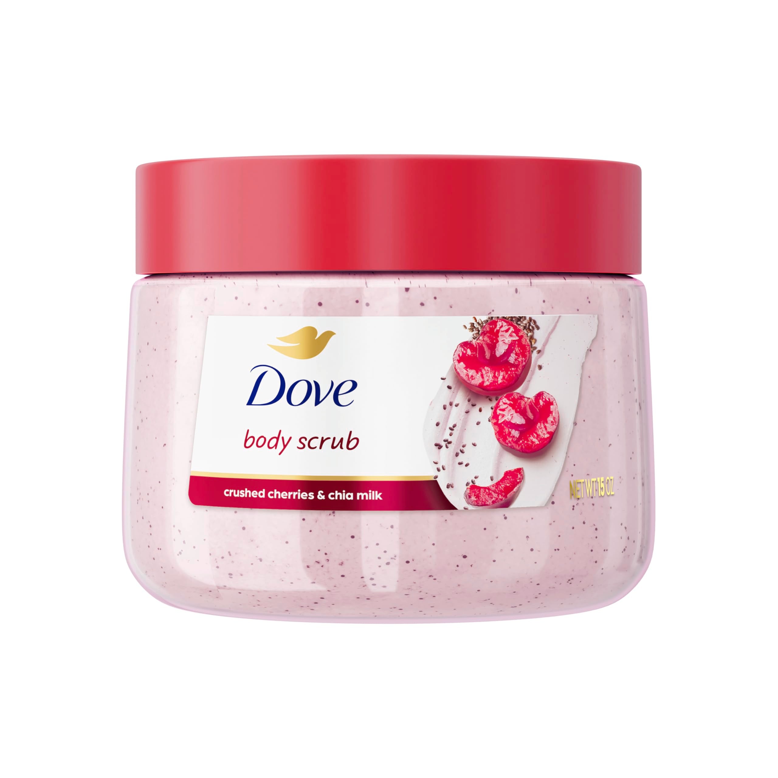 Dove Cherry & Chia Milk Scrub bottle showing nourishing exfoliation for smooth skin