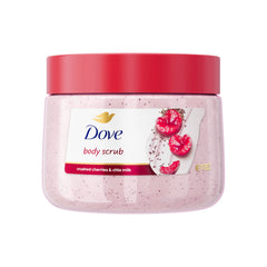 Dove Cherry & Chia Milk Scrub bottle showing nourishing exfoliation for smooth skin