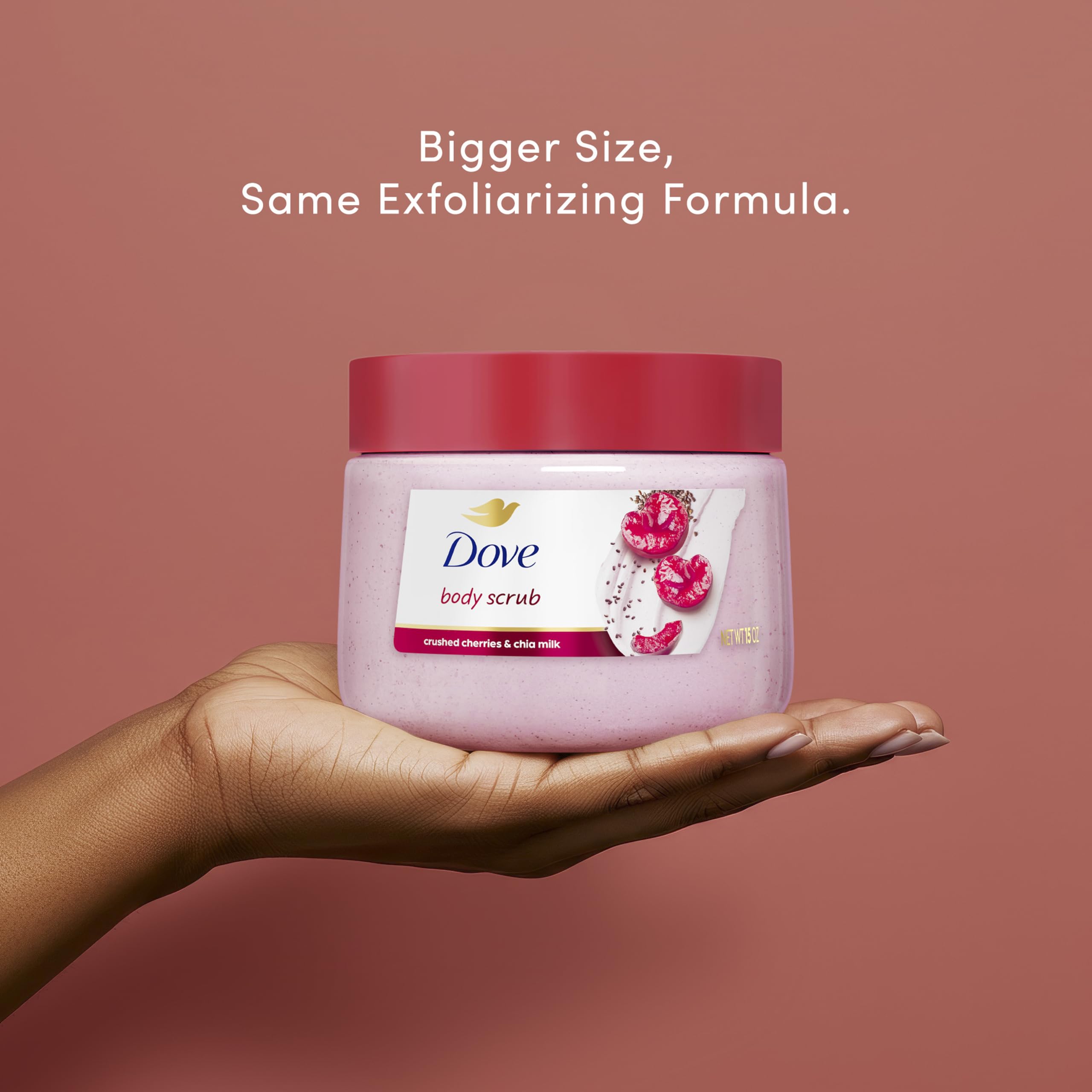 Chia milk particles in Dove scrub indicating moisturizing exfoliation