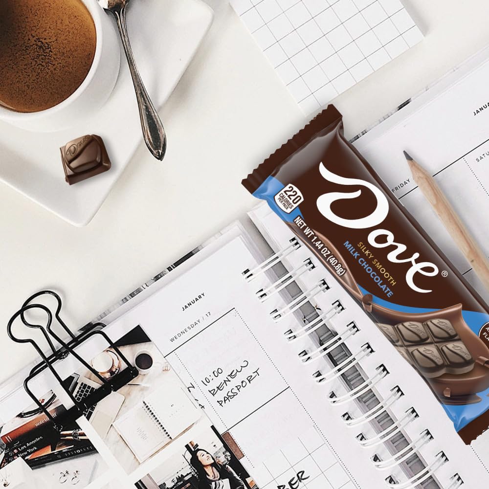 DOVE chocolate bars on desk or pantry for quick indulgence.
