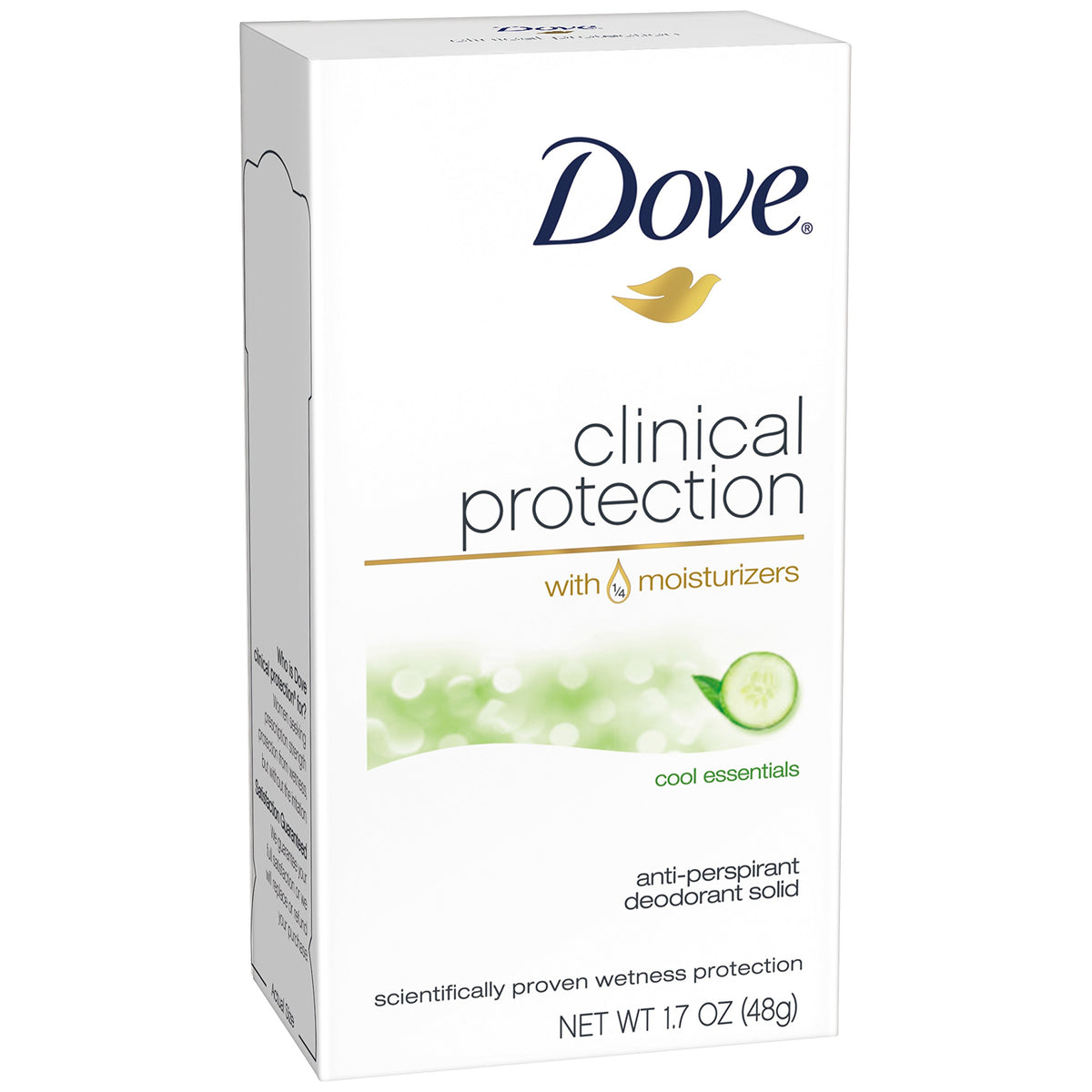 Dove Clinical Protection Cool Essentials bottle showing long-lasting dryness