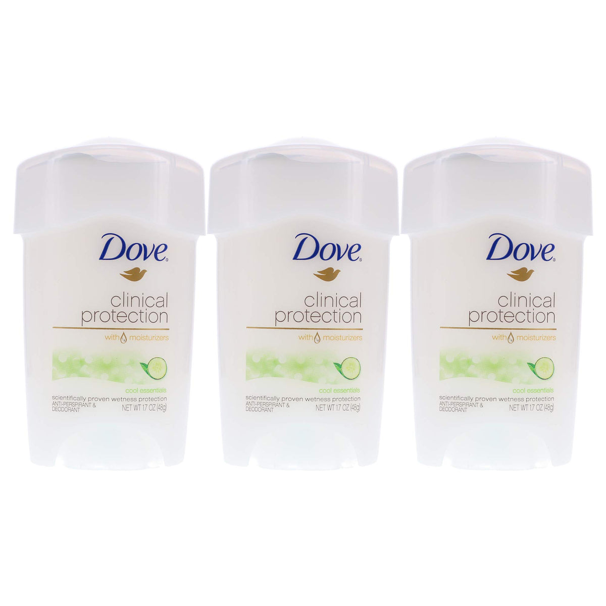 Dove Clinical Protection Cool Essentials bottle front view for all-day freshness.