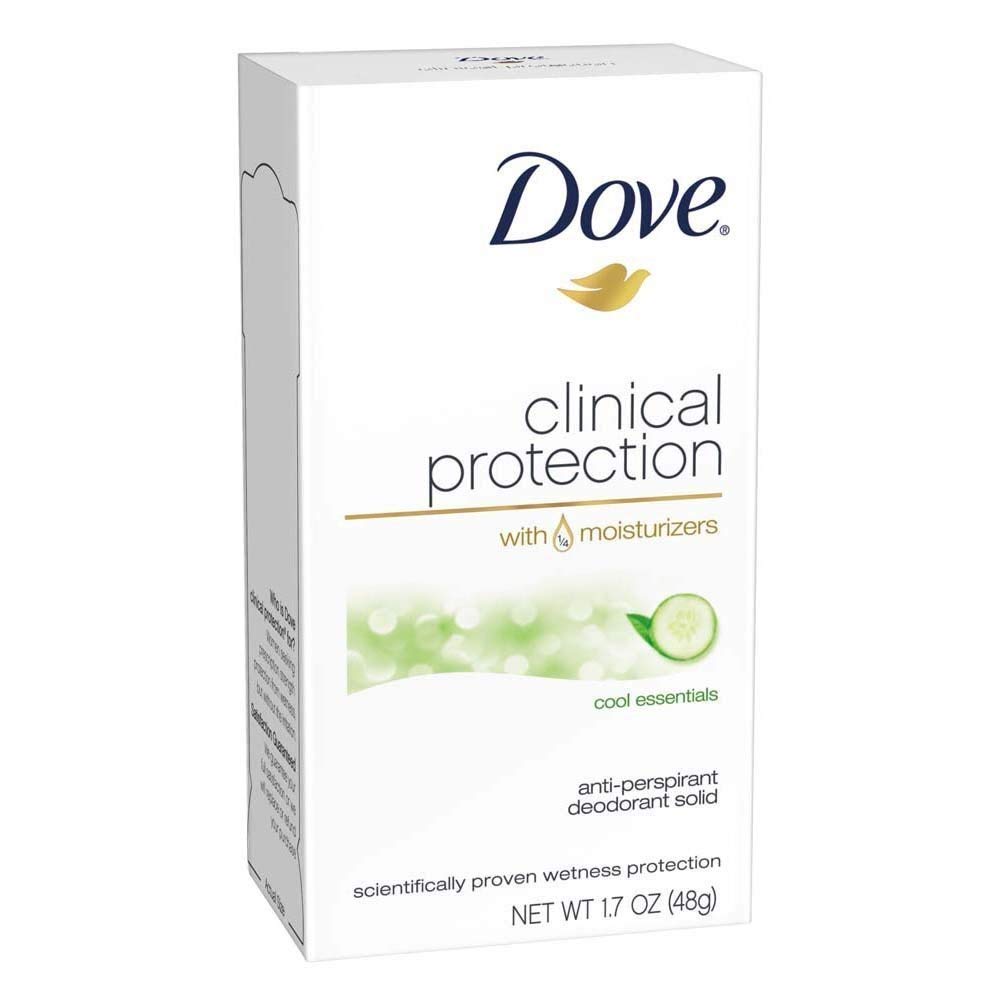 Dove Clinical Protection deodorant bottle in Cool Essentials 3-pack, provides lasting freshness and moisturized skin.