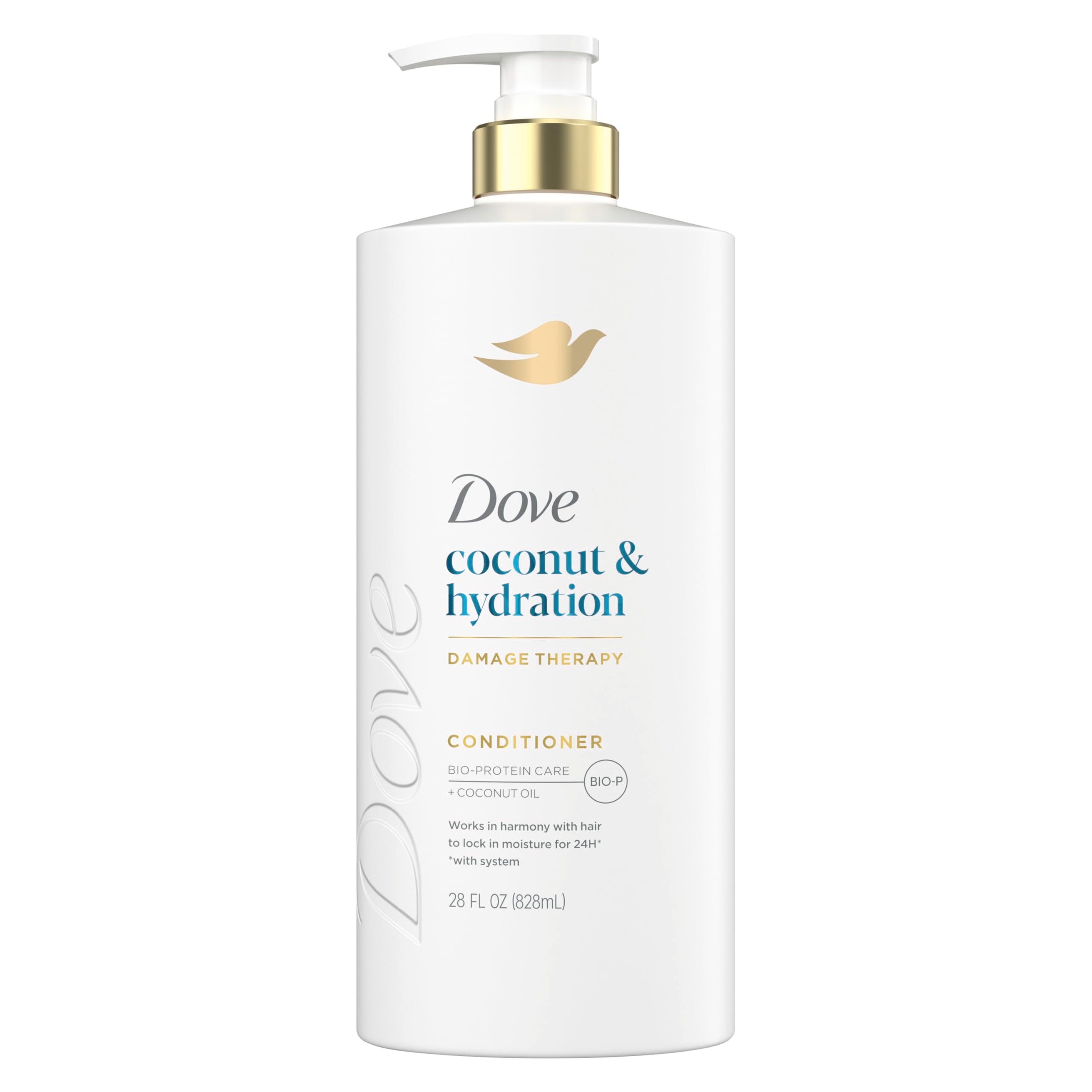 Dove Coconut & Hydration conditioner bottle pour delivers lasting moisture