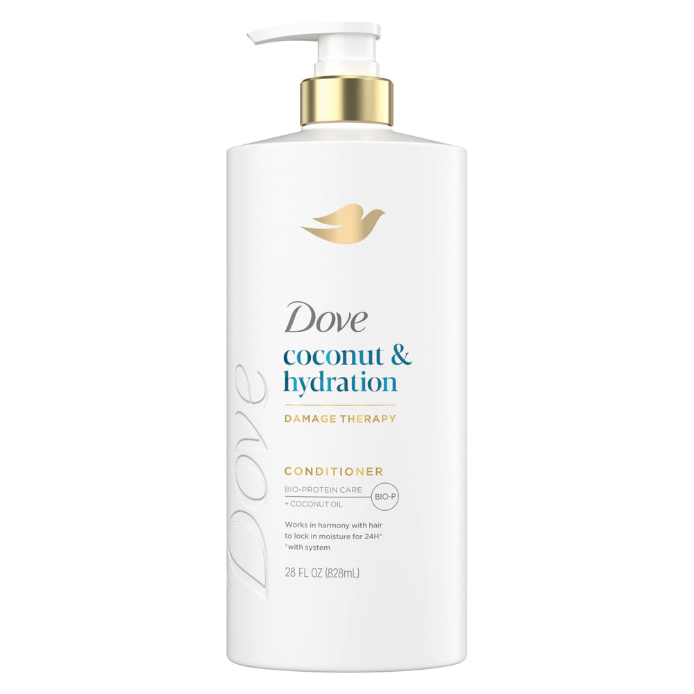 Dove Coconut & Hydration conditioner bottle pour delivers lasting moisture