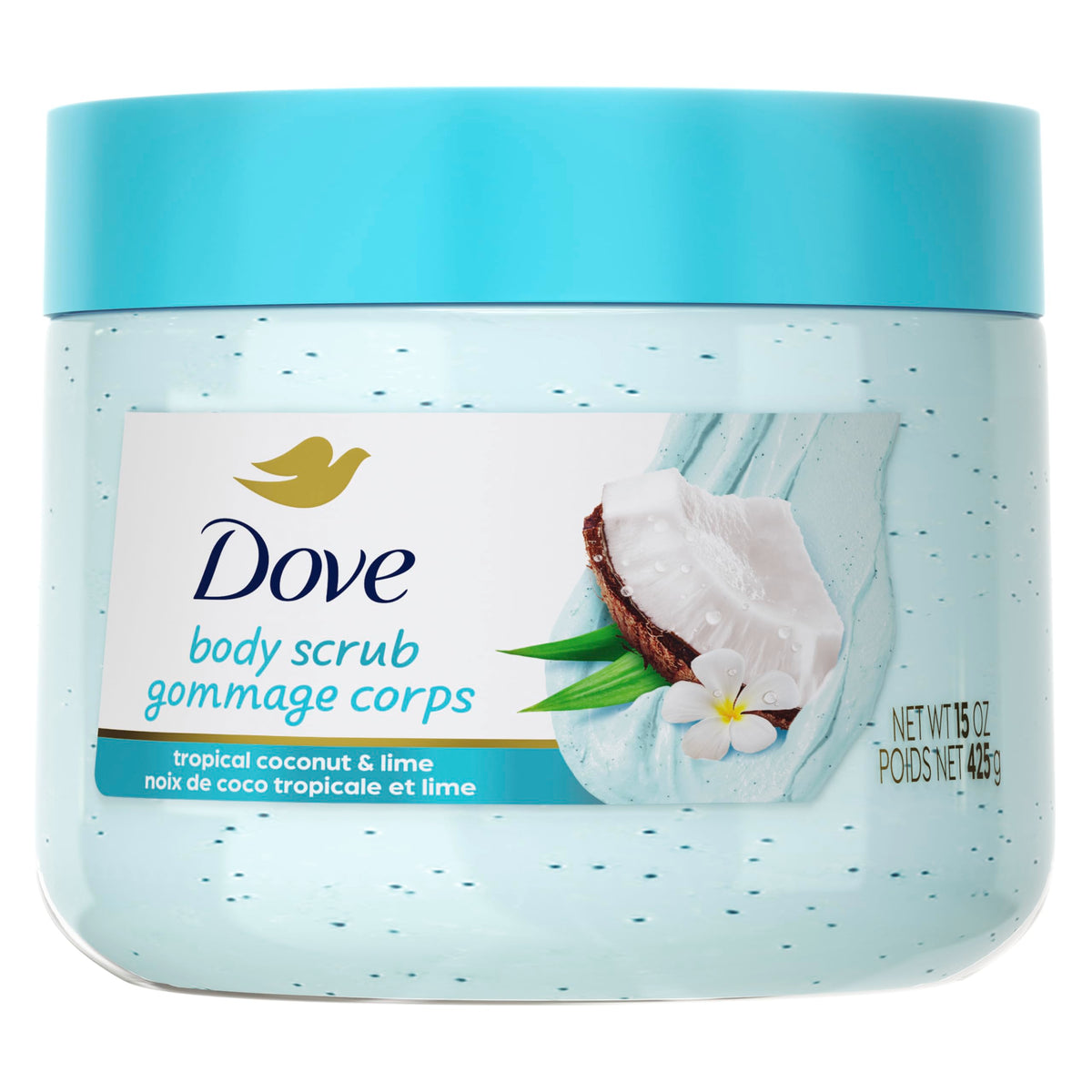 Dove Coconut and Lime body scrub jar for nourishing exfoliation and silky skin.