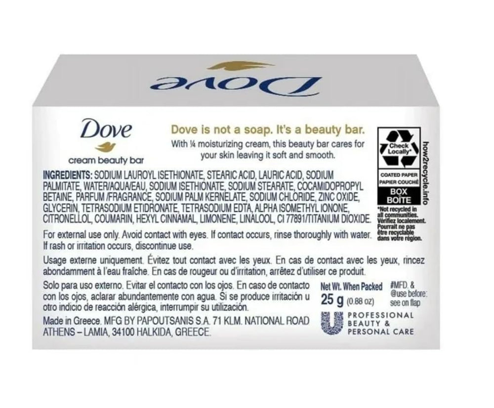 Dove Cream Beauty Bar 25g bar front view for travel use.
