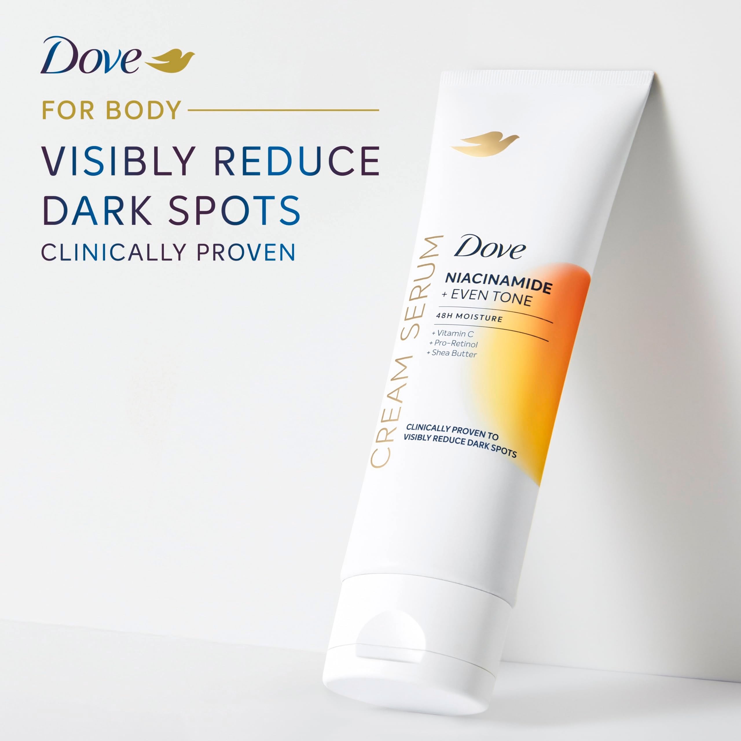 Dove Cream Serum clinical testing badge signals safety across skin types.
