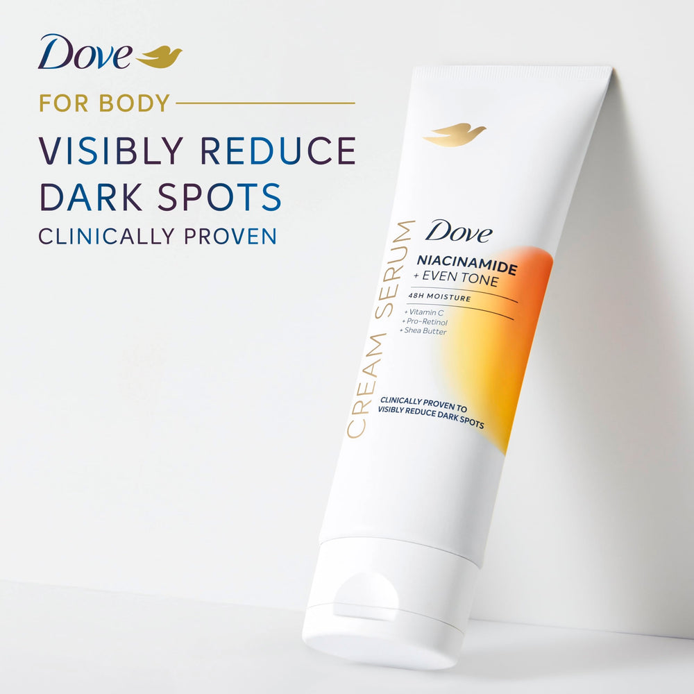 Dove Cream Serum clinical testing badge signals safety across skin types.
