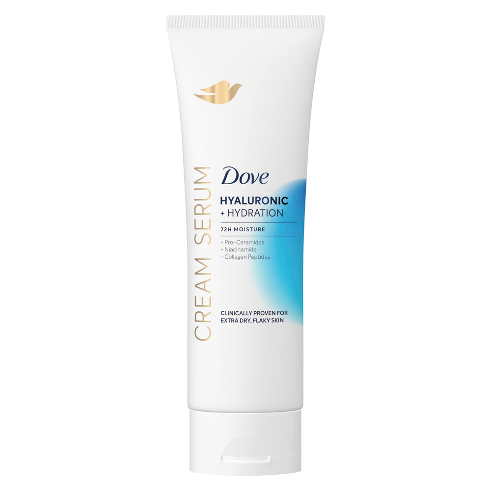 Dove Cream Serum Hyaluronic bottle highlights lightweight hydration for dry skin.