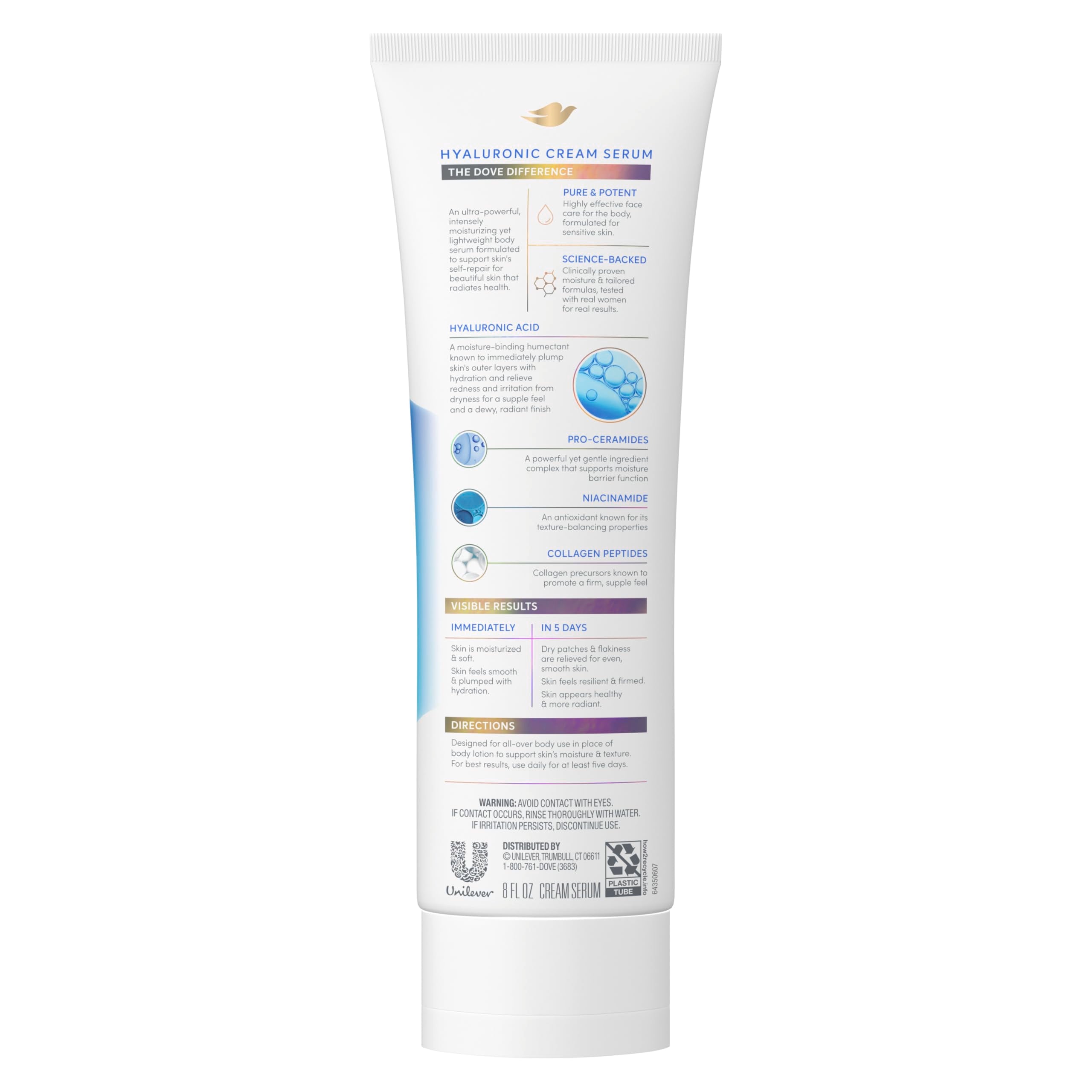 Dove Cream Serum Hyaluronic closeup texture shows non-greasy finish.