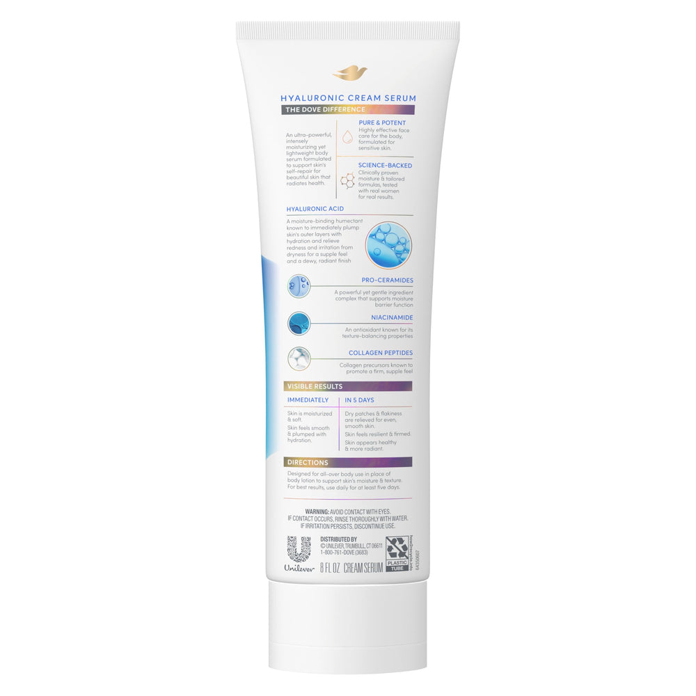 Dove Cream Serum Hyaluronic closeup texture shows non-greasy finish.