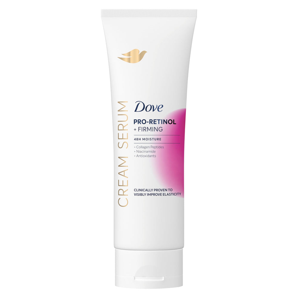 Dove Cream Serum Pro-Retinol bottle pouring for deep hydration.