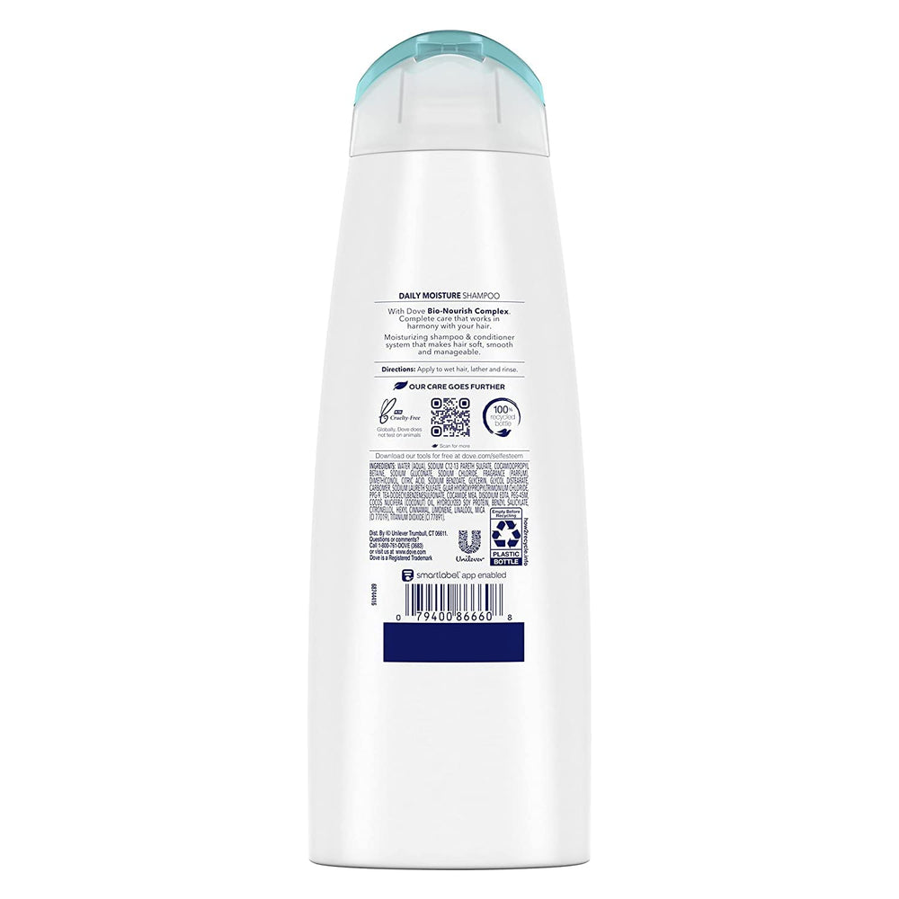 Dove Daily Moisture Shampoo pour shows lightweight formula for easy rinsing.