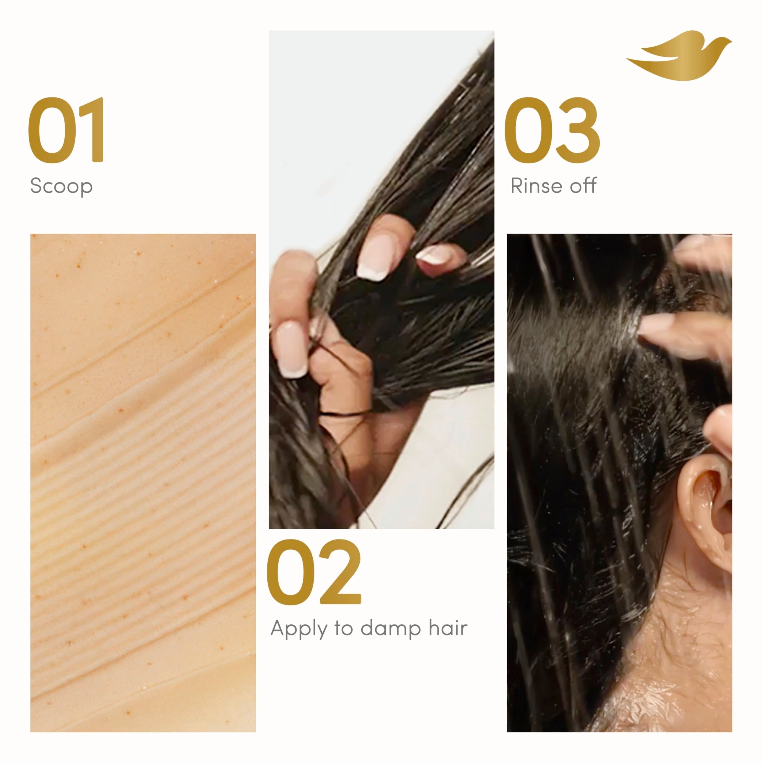 Dove damp hair mid-lengths to ends application demonstrates even distribution.