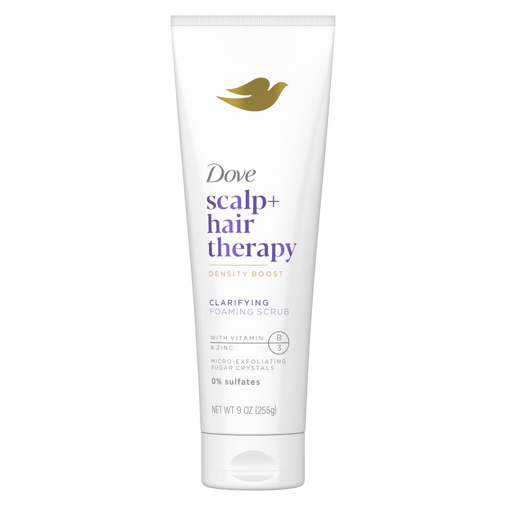 Dove Density Boost Clarifying Scrub for scalp foaming cleanses buildup gently.