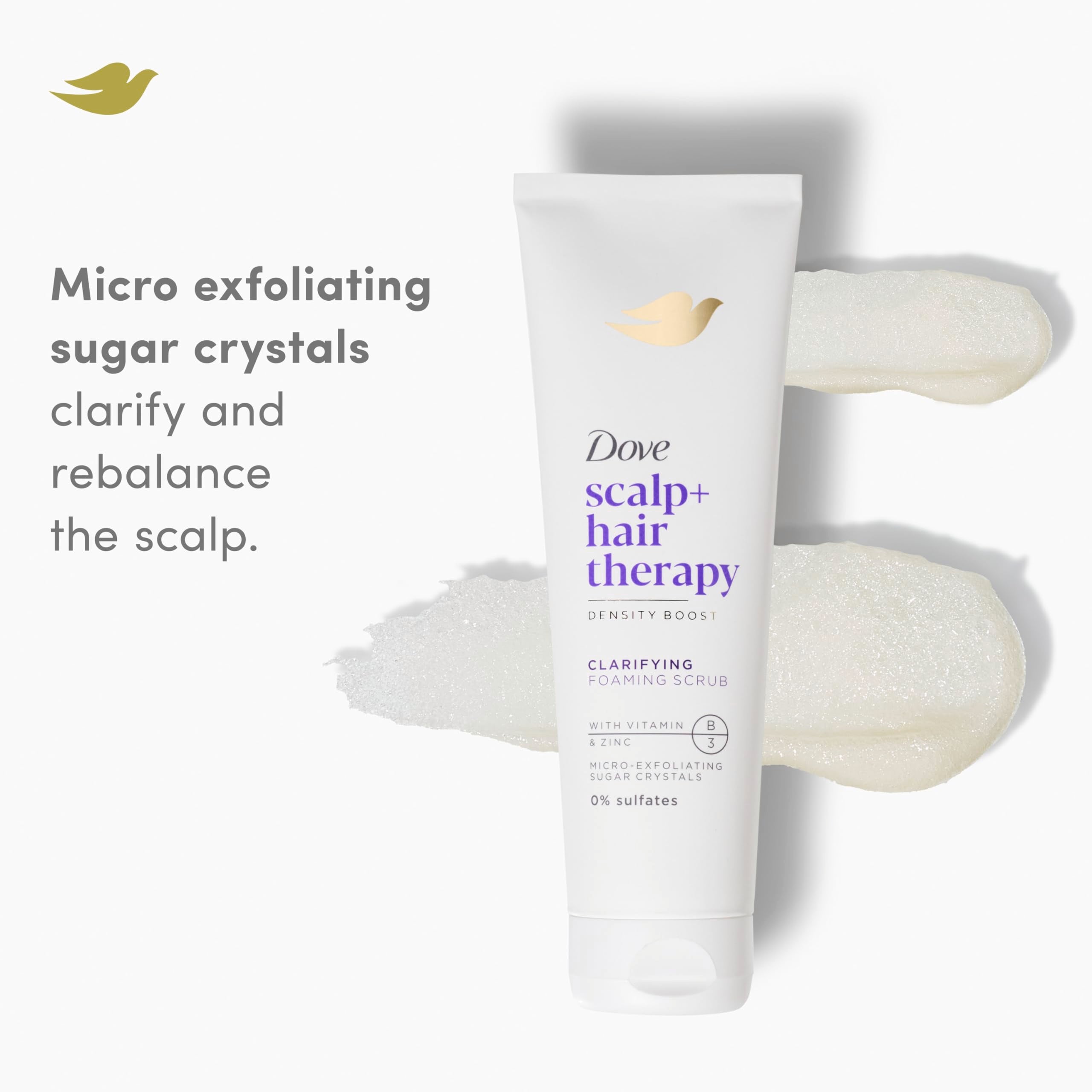 Dove scrub with Vitamin B3 and zinc nourishes the scalp during cleansing.