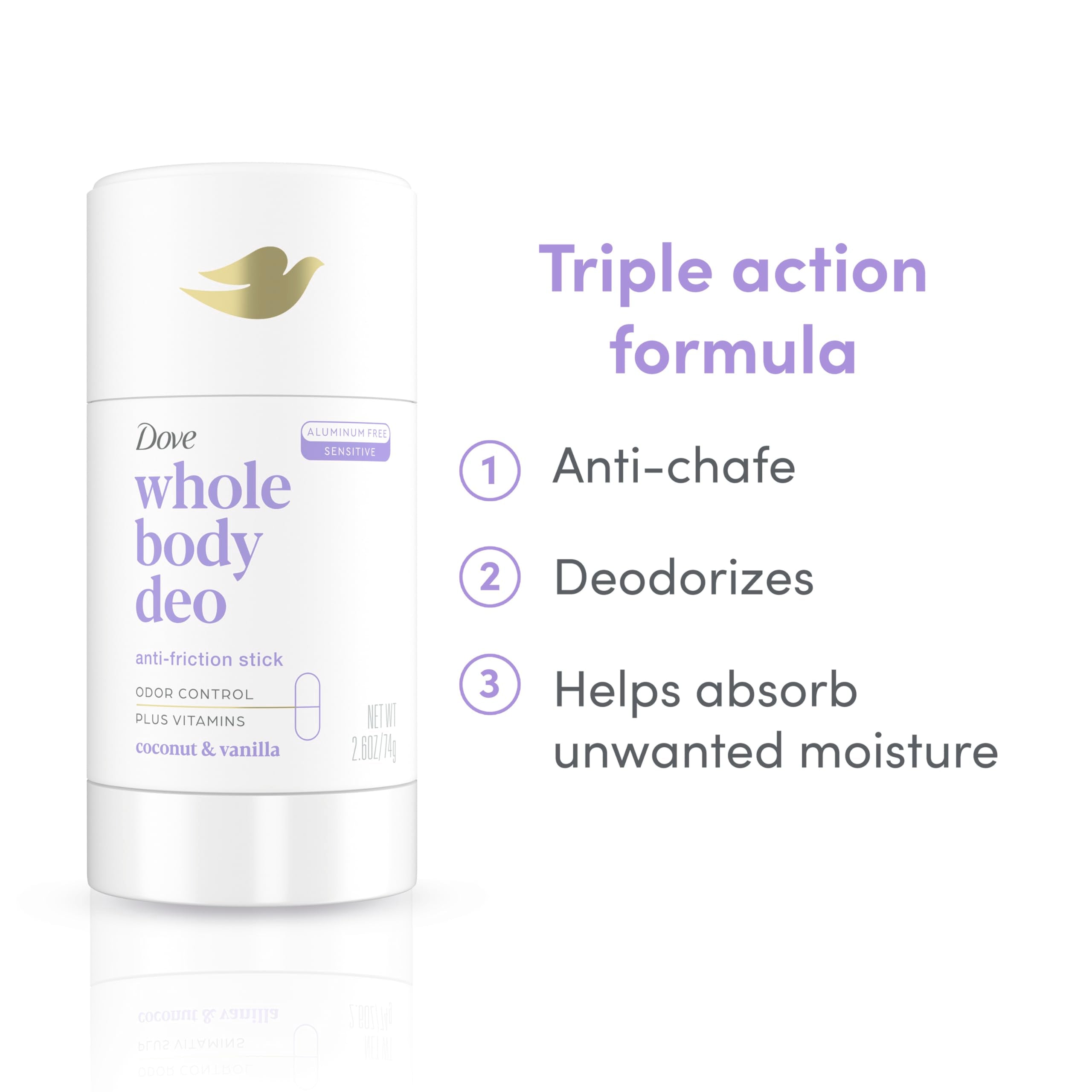 Dove stick applied underarm for odor control throughout the day