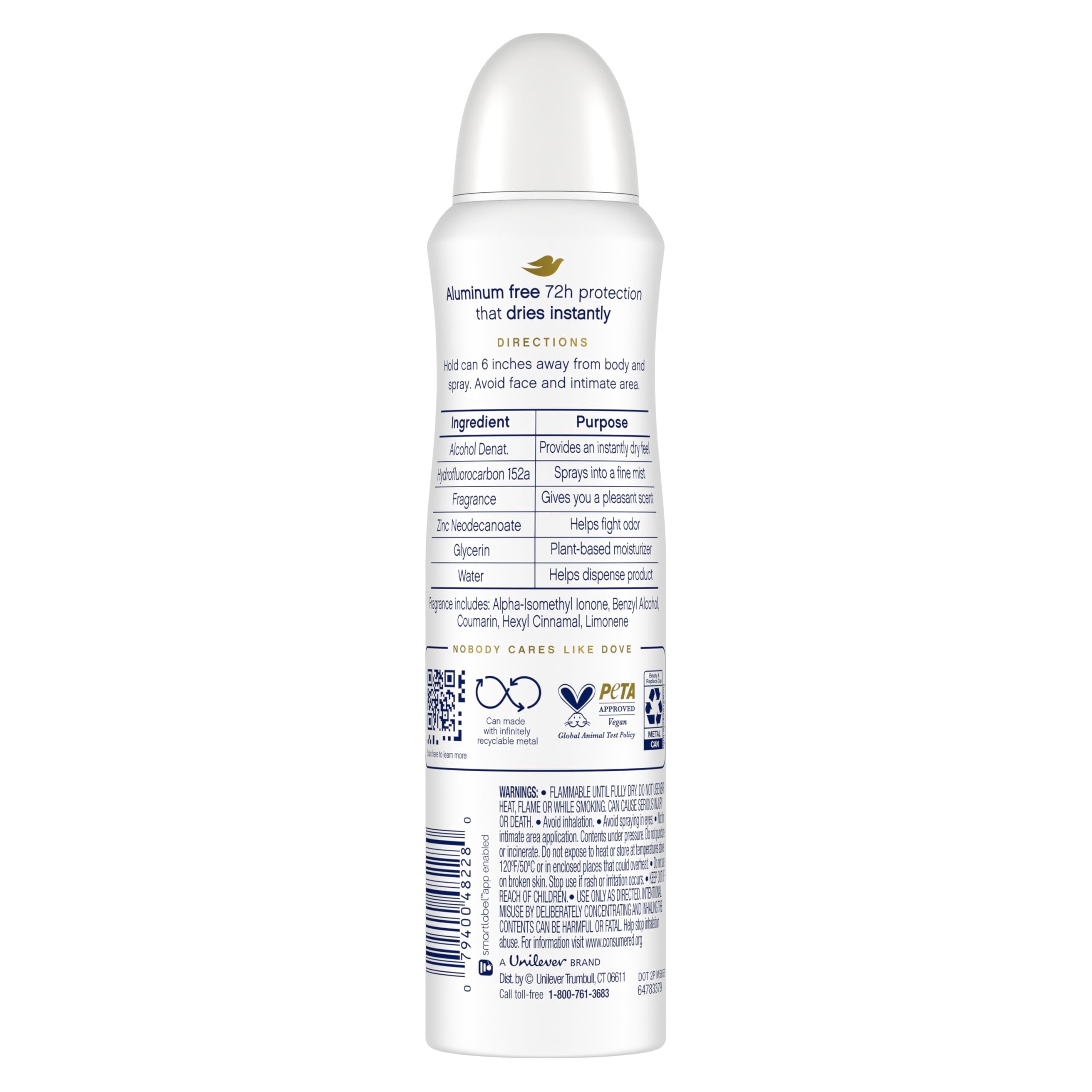 Dove aluminum-free bottle close-up highlighting cucumber and green tea scent.