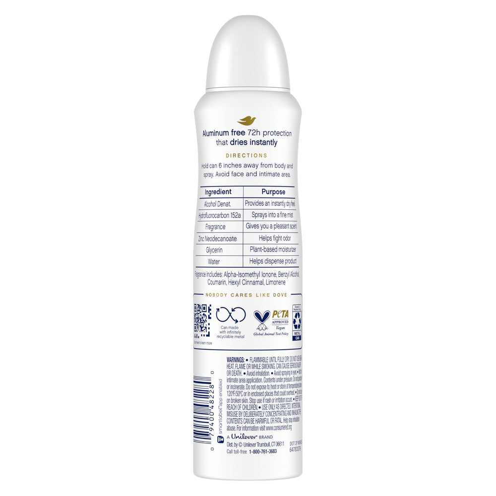 Dove aluminum-free bottle close-up highlighting cucumber and green tea scent.