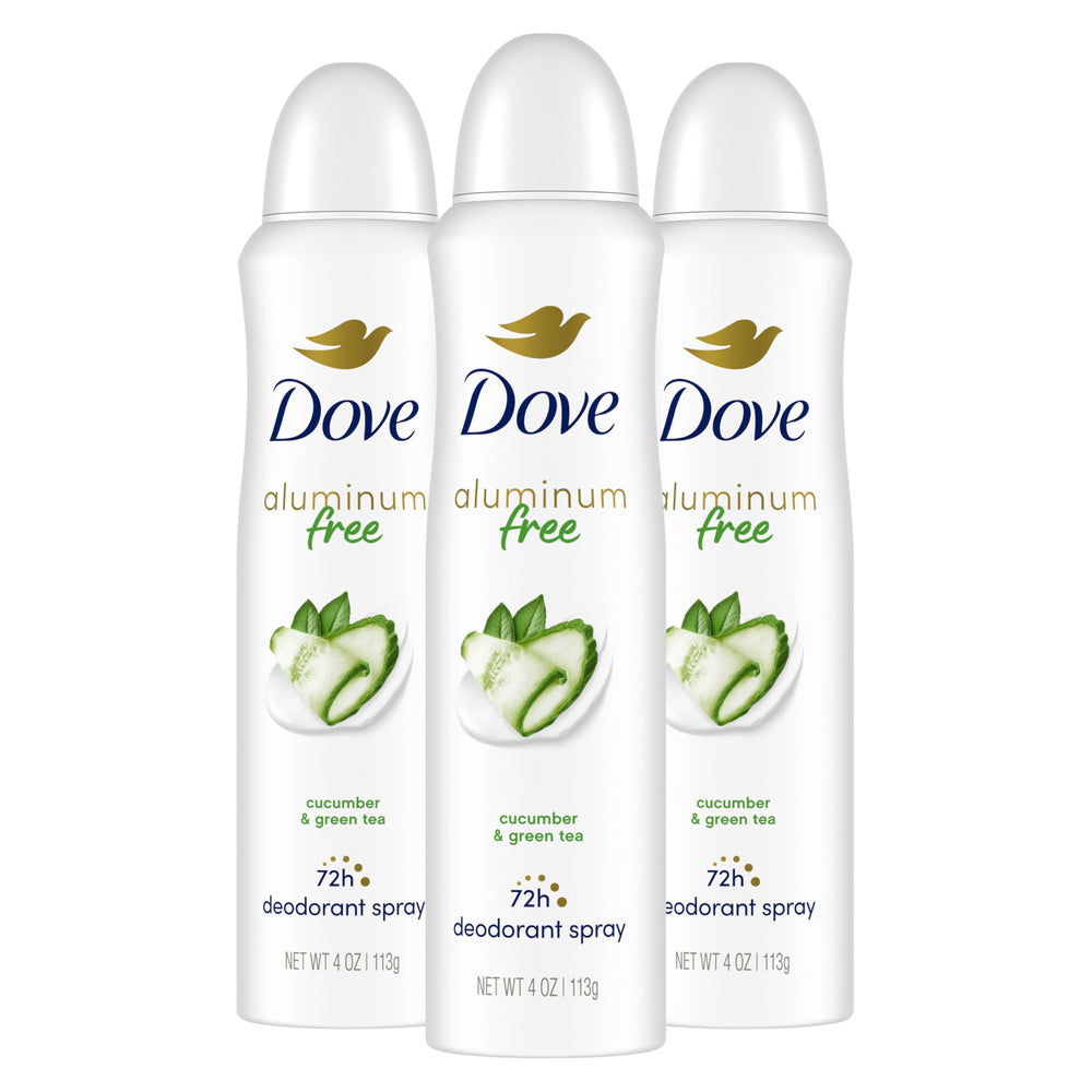 Dove packaging for cucumber and green tea deodorant spray with long-lasting freshness.