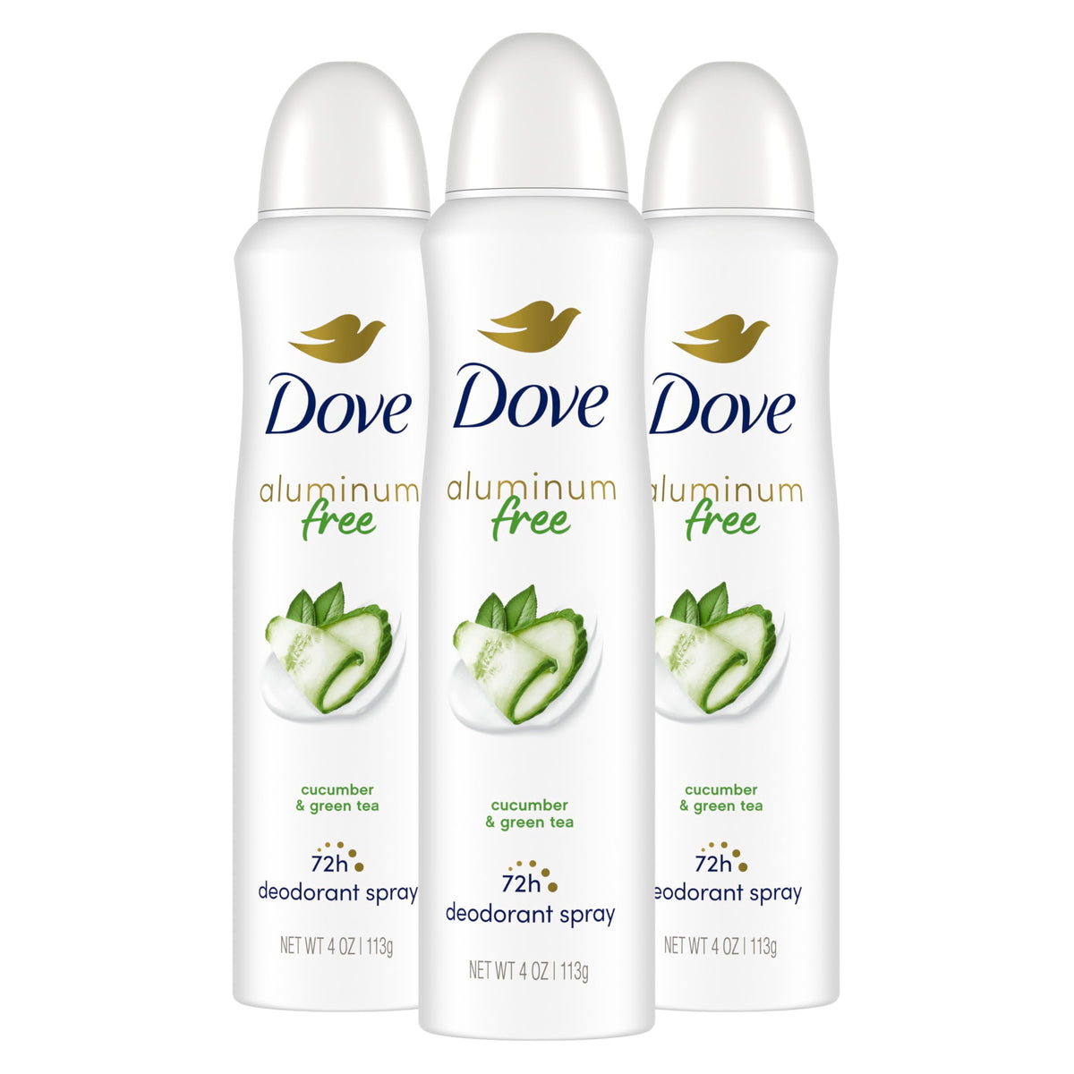Dove packaging for cucumber and green tea deodorant spray with long-lasting freshness.