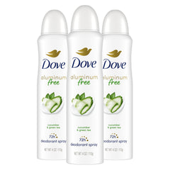 Dove packaging for cucumber and green tea deodorant spray with long-lasting freshness.