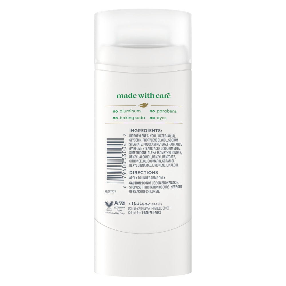 Dove aluminum-free deodorant stick shows smooth glide and residue-free wear.