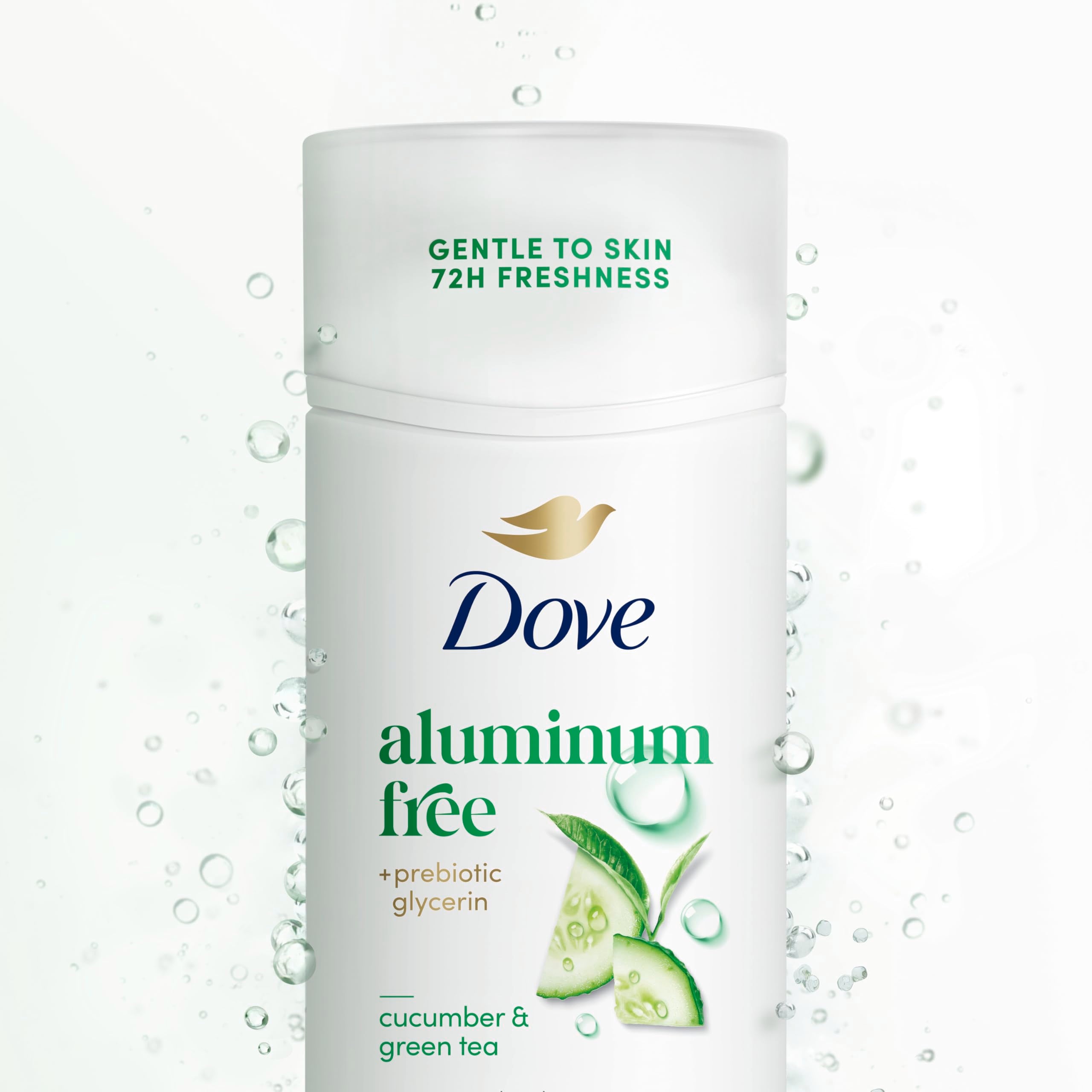 Dove deodorant stick highlights cucumber-green-tea fragrance notes.