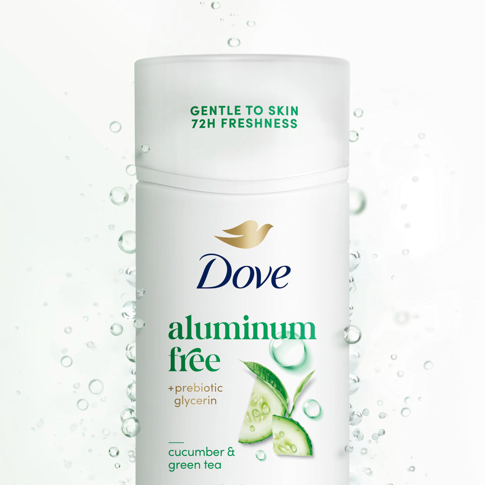 Dove deodorant stick highlights cucumber-green-tea fragrance notes.