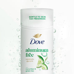 Dove deodorant stick highlights cucumber-green-tea fragrance notes.