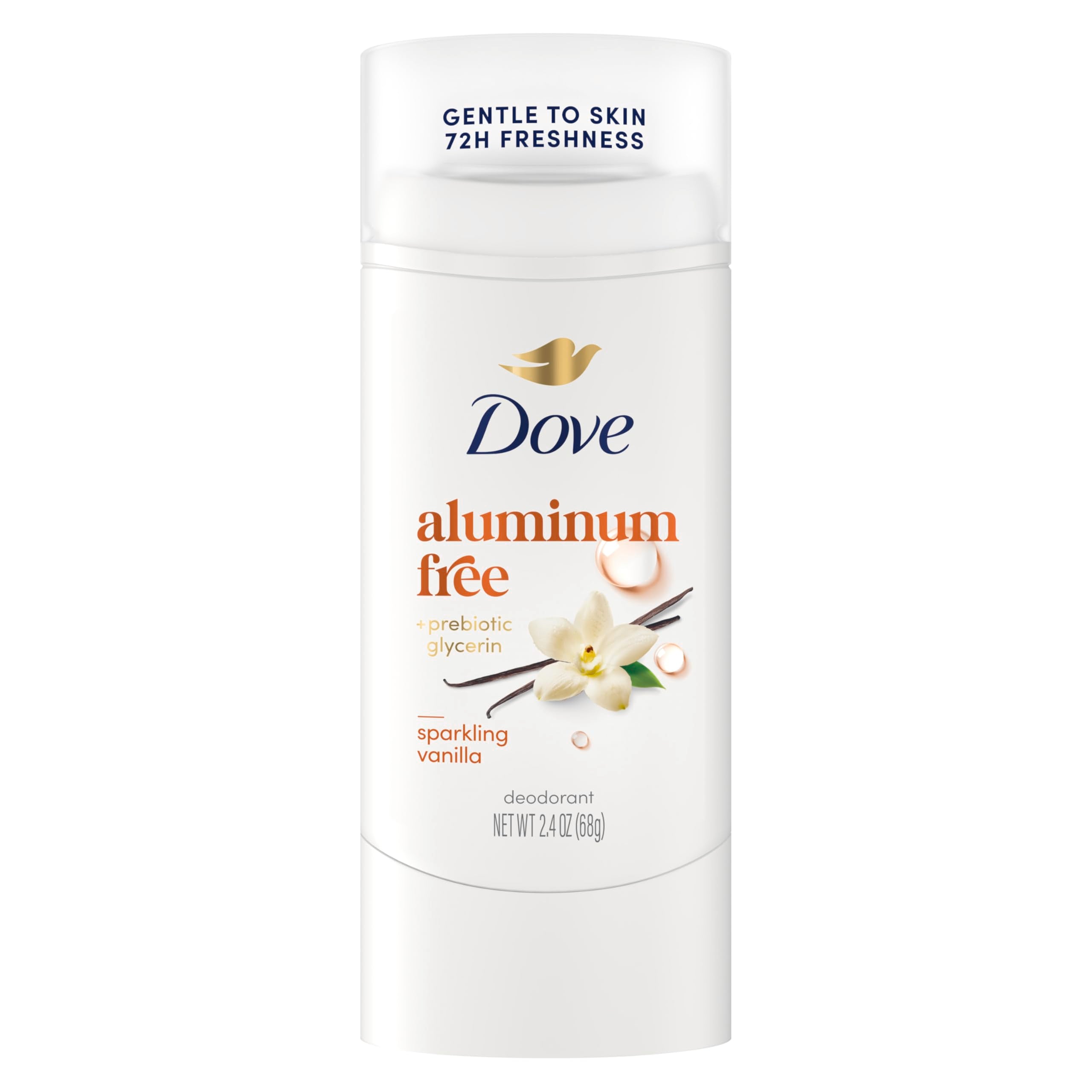 Dove Sparkling Vanilla packaging highlights fresh scent and aluminum-free formula.